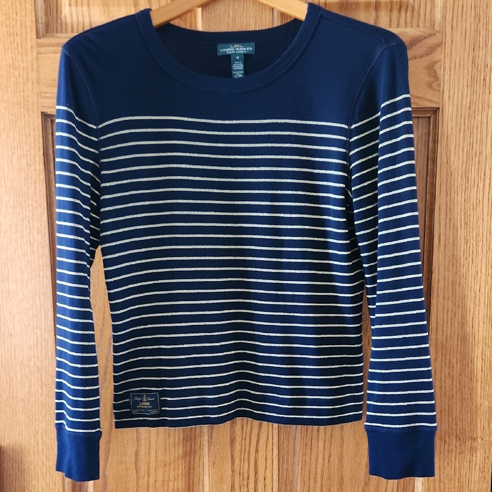 ​Lauren Jeans Co. Ralph Lauren Navy & Metallic Gold Striped Tee
